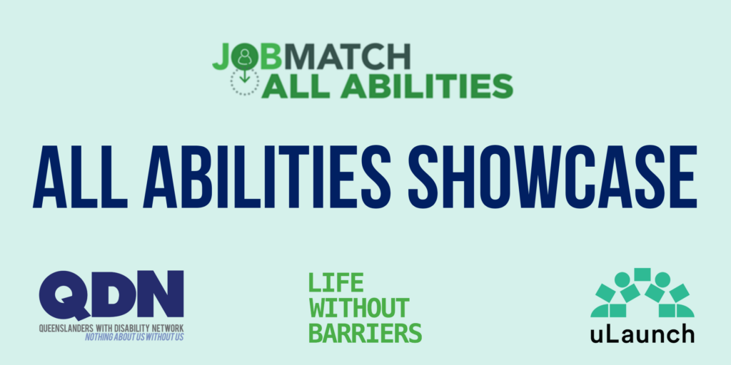 On a light green background, there is a logo at the top of the image that says 'Job Match All Abilities'. The heading in the middle of the image in nacvy blue text says 'All Abilities Showcase'.