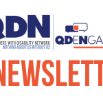 QDeNgage Newsletter Header. Has QDN Logo which is blue letters (QDN), also has QDeNgage logo wich has QDeNgage in Blue and Orange, also says E-Newsletter