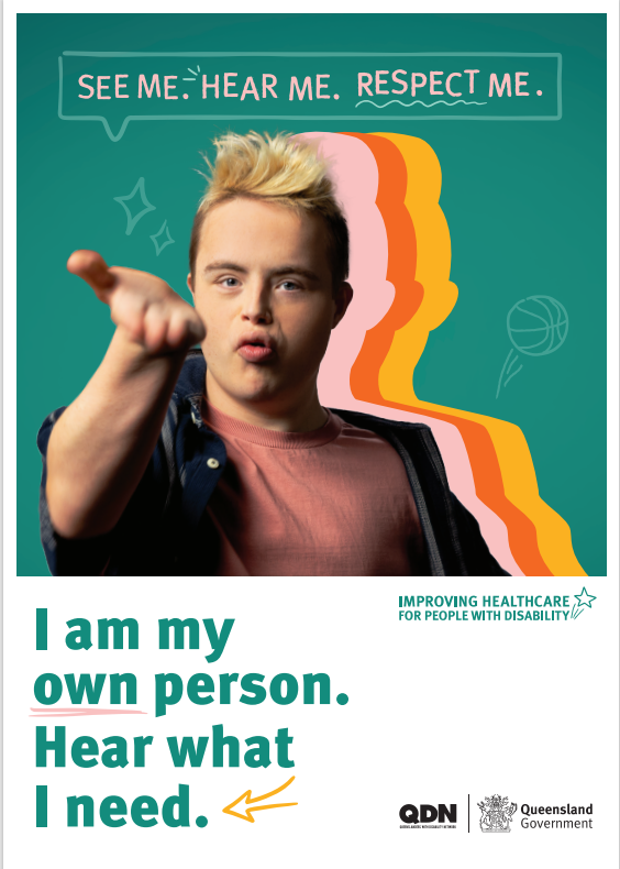 Young man pointing at the camera with colourful shadows behind him on a green background. text says "I am my own person. hear what I need"