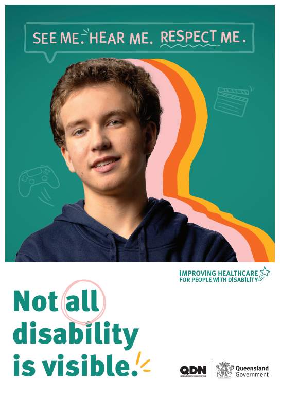 Young man in a hoodie looking at the camera with colourful shadows behind him on a green background. Text says "not all disability is visible"