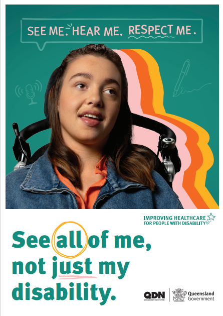 Young woman in a wheelchair wearing a denim jacket with colourful shadows behind her on a green background. Text says "See all of me, not just my disability"