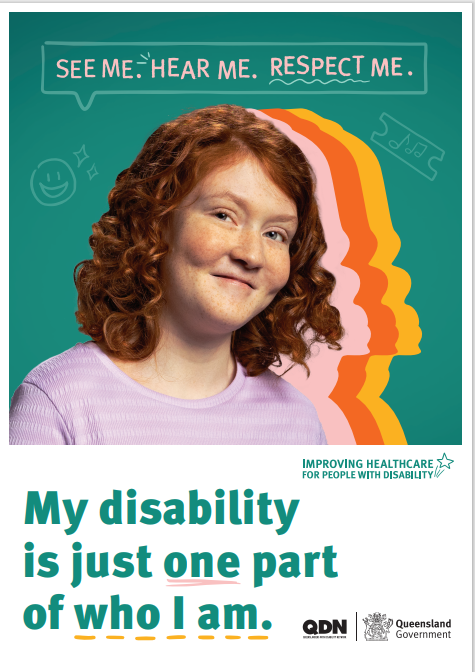 Young woman with red curly hair looking at the camera. There are colourful shadows behind her and a green background. Text says "my disability is just one part of who I am"