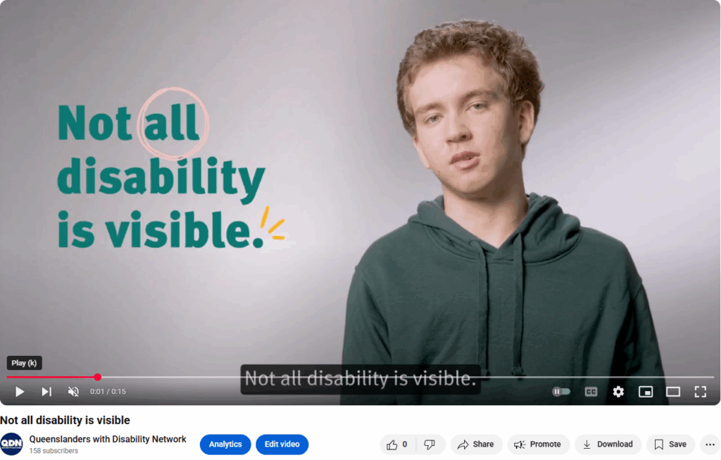 Screenshot of a youtube clip. A young man in a green hoodie looks at the camera. Text says "not all disability is visible"