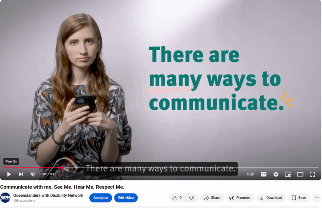 Screenshot of a youtube clip with a young woman holding a smart phone. Text says "there are many ways to communicate"