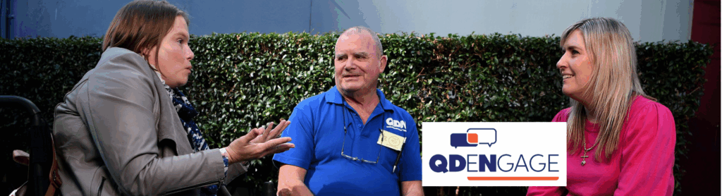 QDeNgage logo and three people talking