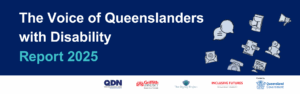 Website banner reads "Voice of Queenslanders with Disability 2025 Report". QDN, Griffith University, The Dignity Project, Inclusive Futures and Queensland Government logos are in the right-hand corner.