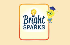 Bright sparks Mascot in the top right corner. The Bright Sparks logo with a yellow background. 