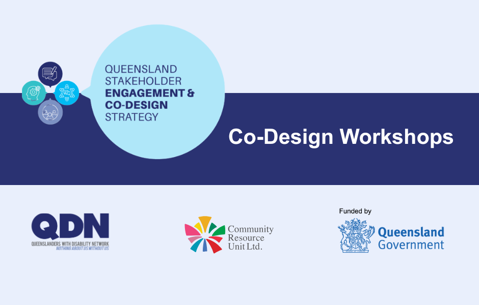 Light blue background with the co-design logo in left hand corner. A dark blue text box holds the text: "Co-design workshops". The QDN, CRU, and funded by Queensland Government logos are at the bottom.
