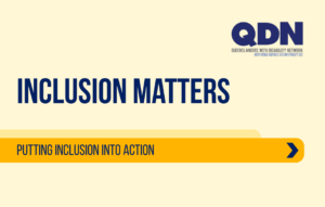Yellow background with the title "Inclusion Matters". Dark yellow highlights coming out the page with the text: "Putting inclusion into action". 