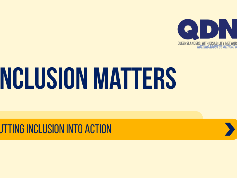 Yellow background with the title "Inclusion Matters". Dark yellow highlights coming out the page with the text: "Putting inclusion into action".