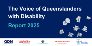A blue background with communication icons flying out of the right-hand corner. The text reads "The Voice of Queenslanders with Disability Report 2025". 