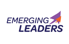 Emerging leaders Logo. Purple and orange arrows swooping upwards.