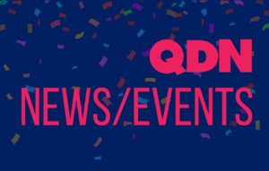 Rainbow confetti falling with the text: "QDN News/ Events".