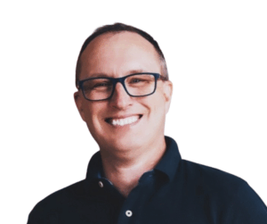 Steve is wearing black glasses and a black polo.