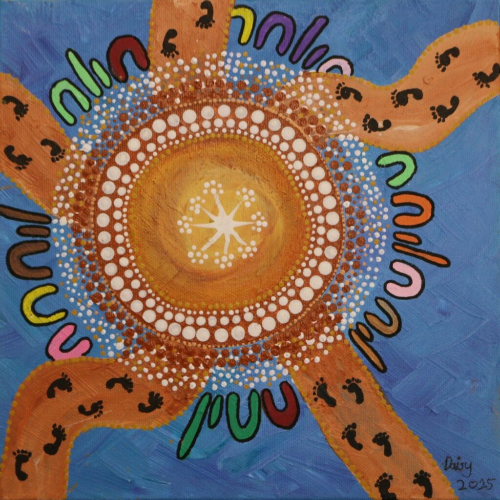 Daisy Walton’s artwork representation of QDN’s newest Yarning Circle Peer Support Group in Longreach.