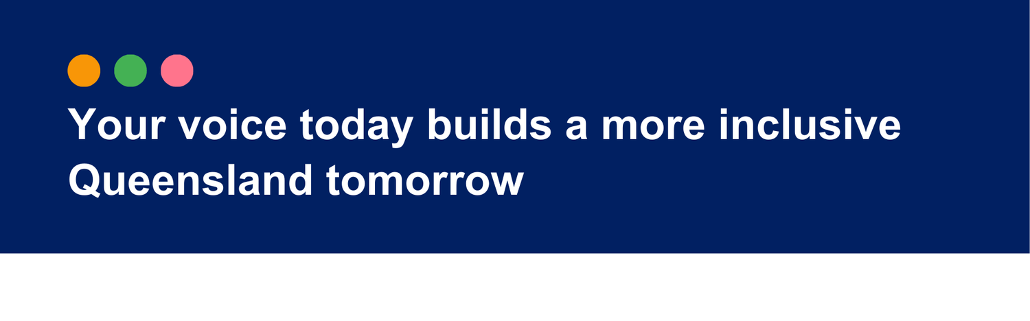 3 dots: Yellow, green and vivid pink, representing Voice of Queenslanders (VOQ) with Disability Survey and white text on a navy background that reads "Your voice today builds a more inclusive Queensland tomorrow
