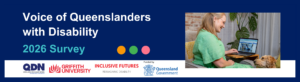 White text on navy background Voice of Queenslanders with Disability. Teal text 2026 Survey. 3 coloured dots; yellow, green and vivid pink and logos QDN, Griffith University, Inclusive Futures, Funded by Queensland Government