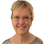 Woman with blonde hair and glasses