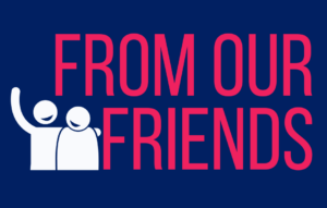 Navy blue background, pink writing saying "from our friends" with an illustration of two friends.