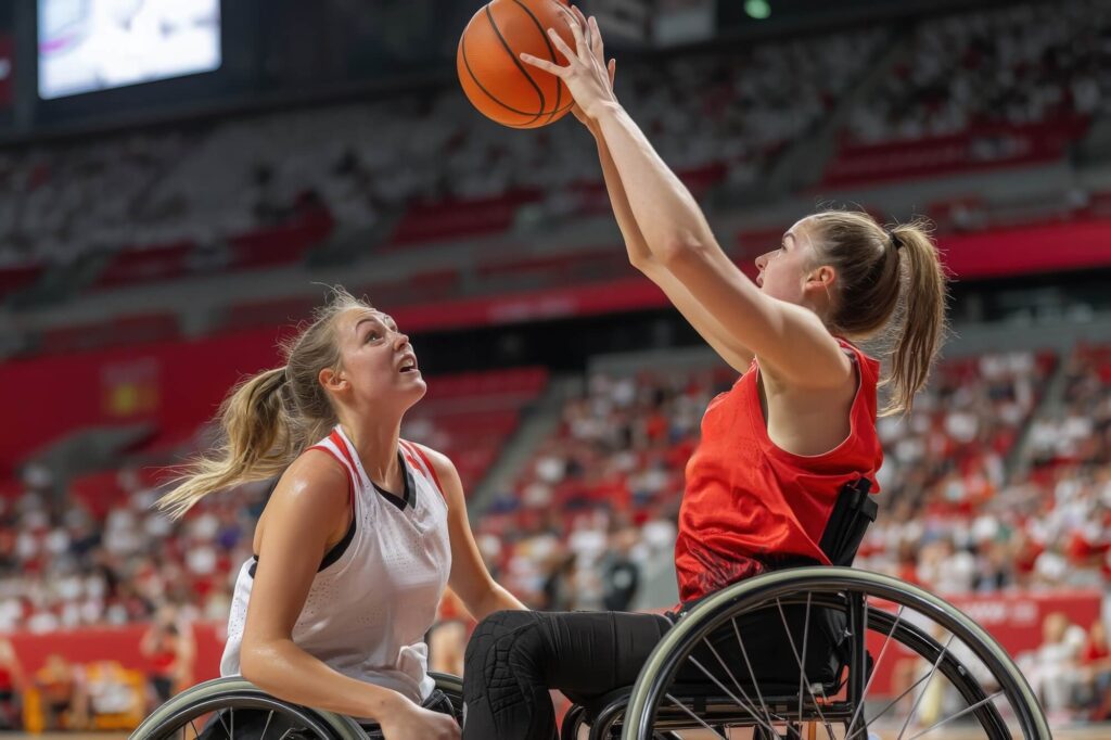 Two women in wheelchairs playing basketball. One in a red jersey is holding the ball high above her head and about to shoot. The other in a white jersey is looking at the ball.